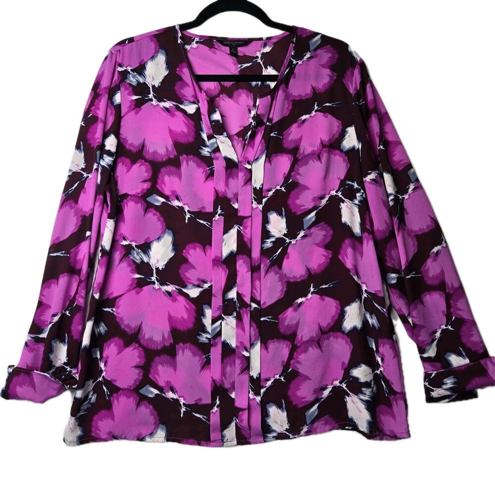 Banana Republic Pink Print‎ Blouse Top Large L Long Sleeve Chiffon